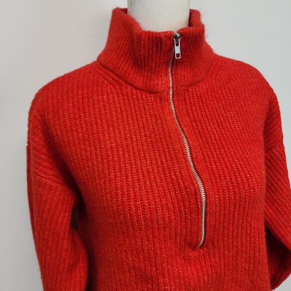 Vince Camuto Half Zip Red Sweater Size L Rib Knit Mock Neck Long Sleeve Fall - Picture 4 of 11